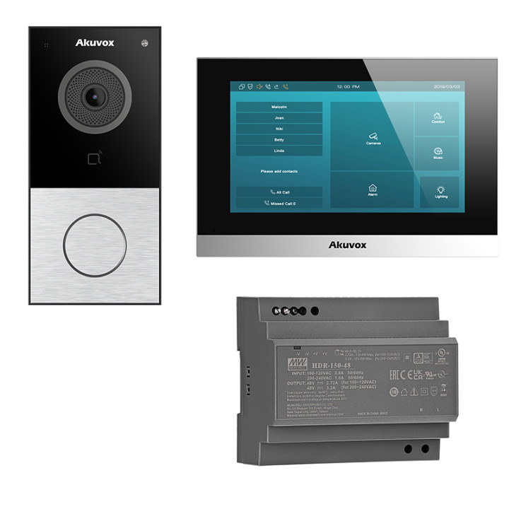 Комплект видеодомофона Akuvox E12S — вызывная панель серебристого цвета + монитор C313W-LP-2 7 дюймов