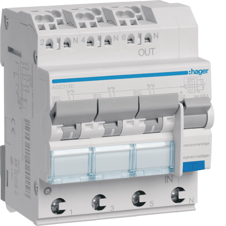 Hager ADZ313D RCBO 3X1P+N 6kA B-13A 30mA A tipas