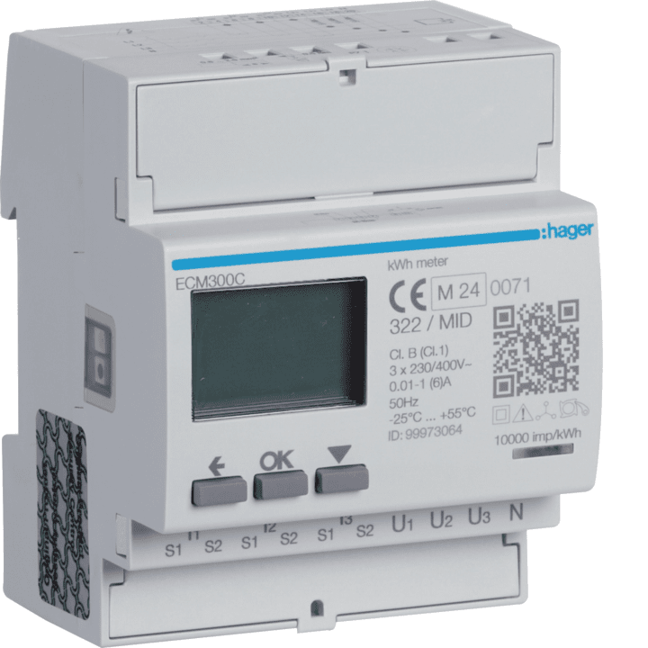 Hager ECM300C 3-Phase kWh Meter via CT 1-5A 4M M-Bus MID
