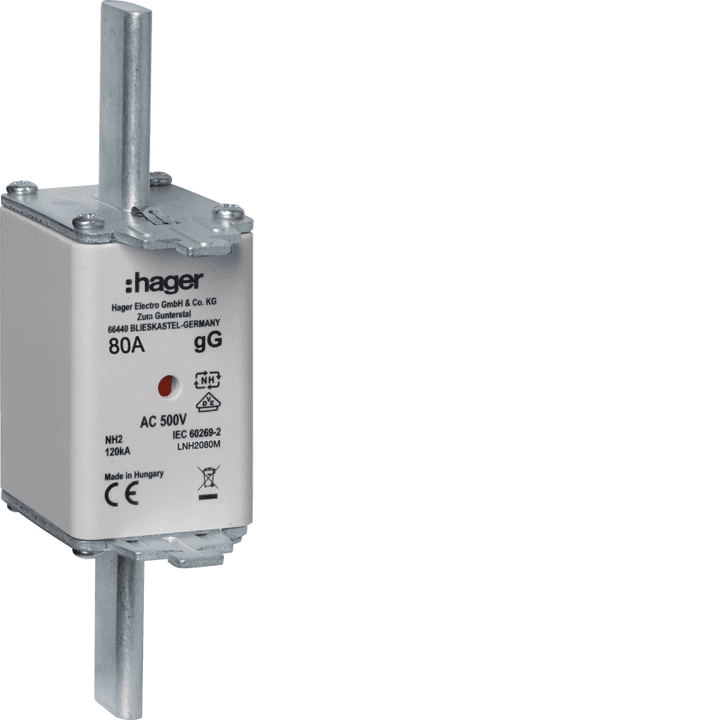 Предохранительный элемент Hager LNH2080M NH2 gG, 500V, 80A с центральным индикатором