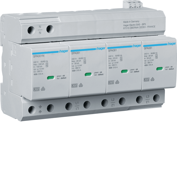 Hager SPA080 Combined SPD Type 1+2 4P 25kA TT/TNS
