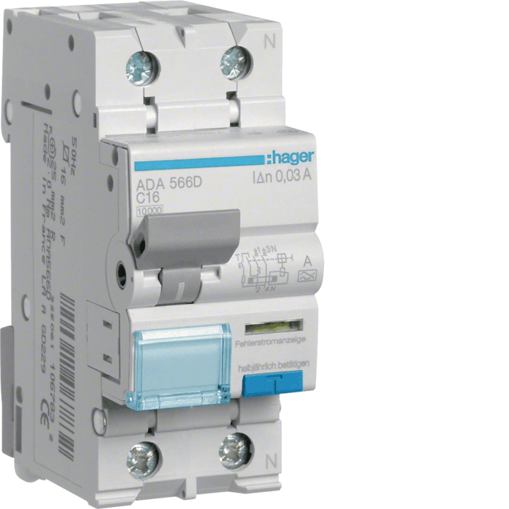 Hager ADA566D RCBO 1P+N 10kA C-16A 30mA A tipas
