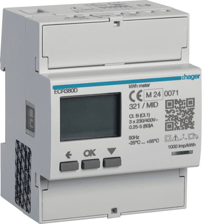 Счетчик электроэнергии Hager ECR310D, трехфазный, прямой, 80A, 4M Modbus MID