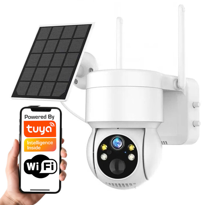 Āra akumulatoru kamera, grozāms IP66 USB-C + 5W WIFI TUYA panelis