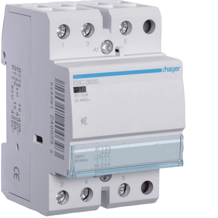 Контактор Hager ESC363S, бесшумный, 63А, 3NO, 230В