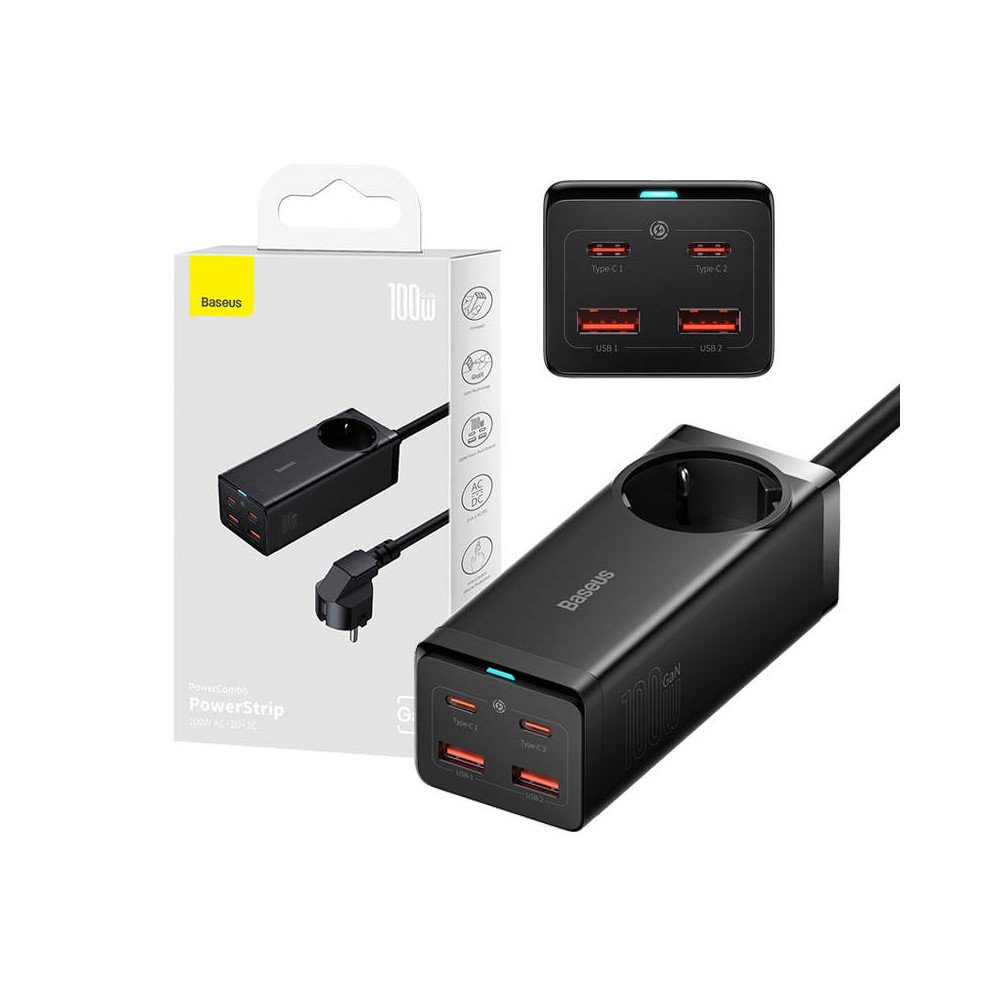 Baseus GaN3 Pro sieninis ikroviklis / maitinimo juosta 2xUSB + 2xUSB-C + kintamoji srove, 100 W (juoda)