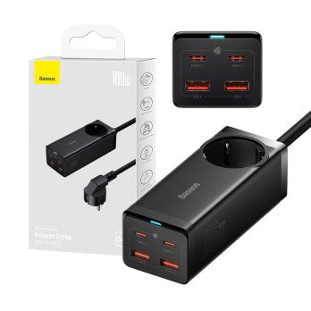 Baseus GaN3 Pro sieninis ikroviklis / maitinimo juosta 2xUSB + 2xUSB-C + kintamoji srove, 100 W (juoda)
