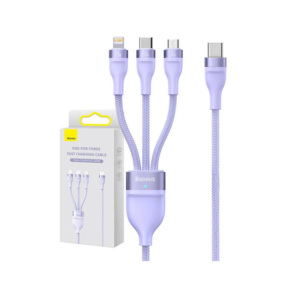 Kabel USB 3w1 Baseus Flash Series 2, USB-C + micro USB + Lightning, 100W, 1.5m (fioletowy)
