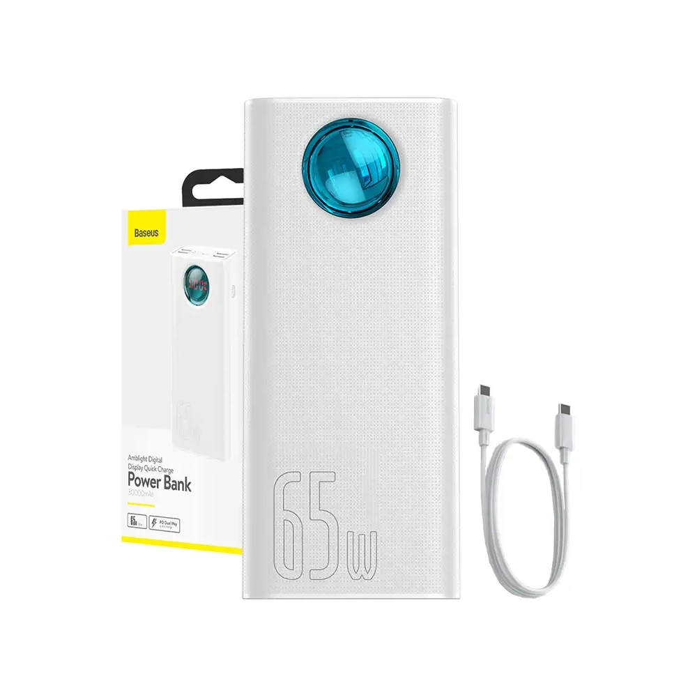 Powerbank Baseus Amblight 30000mAh, 4xUSB, USB-C, 65W (balts)