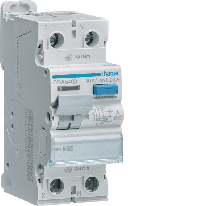 Устройство защитного отключения Hager CDA540D, 1P+N, 40A, 30mA, Тип А