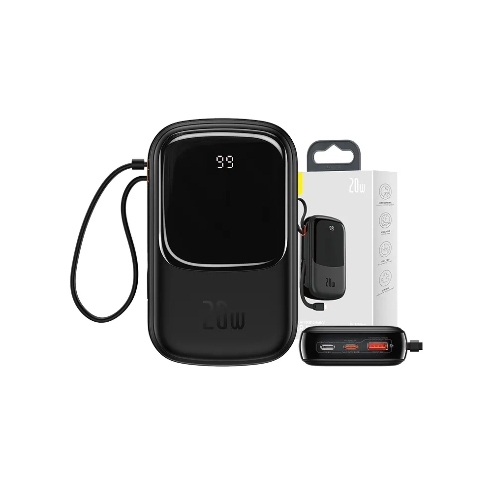 Powerbank Baseus Qpow PRO su Lightning laidu, USB-C prievadu ir USB 20000mAh, 20W (juoda)