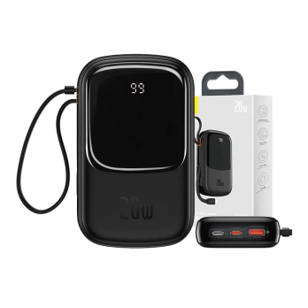 Powerbank Baseus Qpow PRO su Lightning laidu, USB-C prievadu ir USB 20000mAh, 20W (juoda)