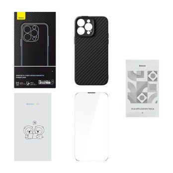 Magnetic Case Baseus Synthetic Fiber Series iPhone 14 Pro (must)+ karastatud klaas + puhastuskomplekt