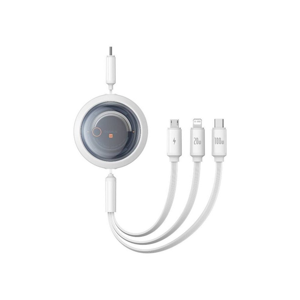 Greito ikrovimo laidas 3in1 Baseus Free2Draw USB-C prie USB-C/Lightning/Micro 100W, 1,1m (baltas)