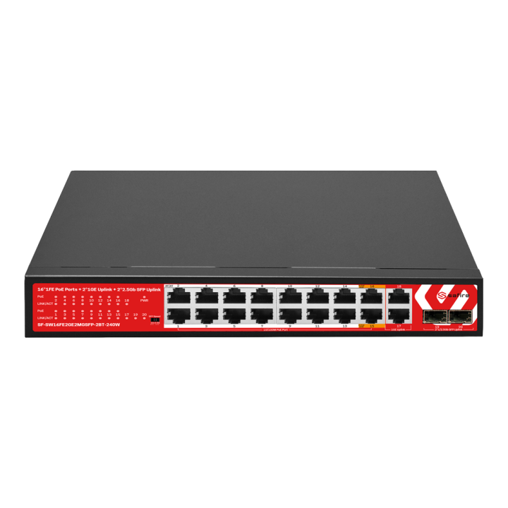 SAFIRE SF-SW16FE2GE2MGSFP-2BT-240W pārvaldīts PoE slēdzis, 16x FE + 2x GE + 2x SFP, 240W PoE budžets, 802.3bt