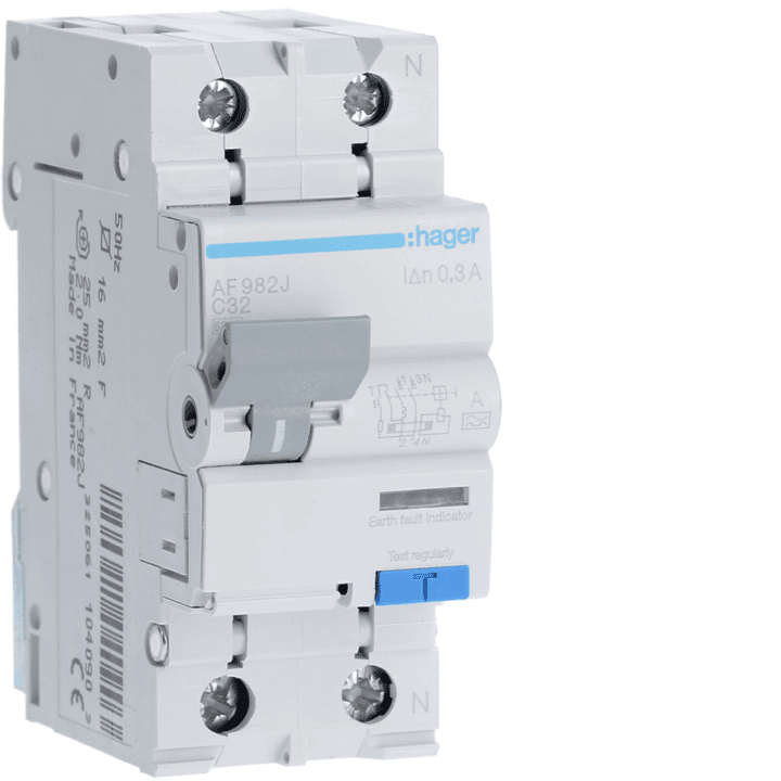 Устройство защиты Hager AD982J RCBO, 1P+N, 6kA, C-32A, 300mA, Тип A