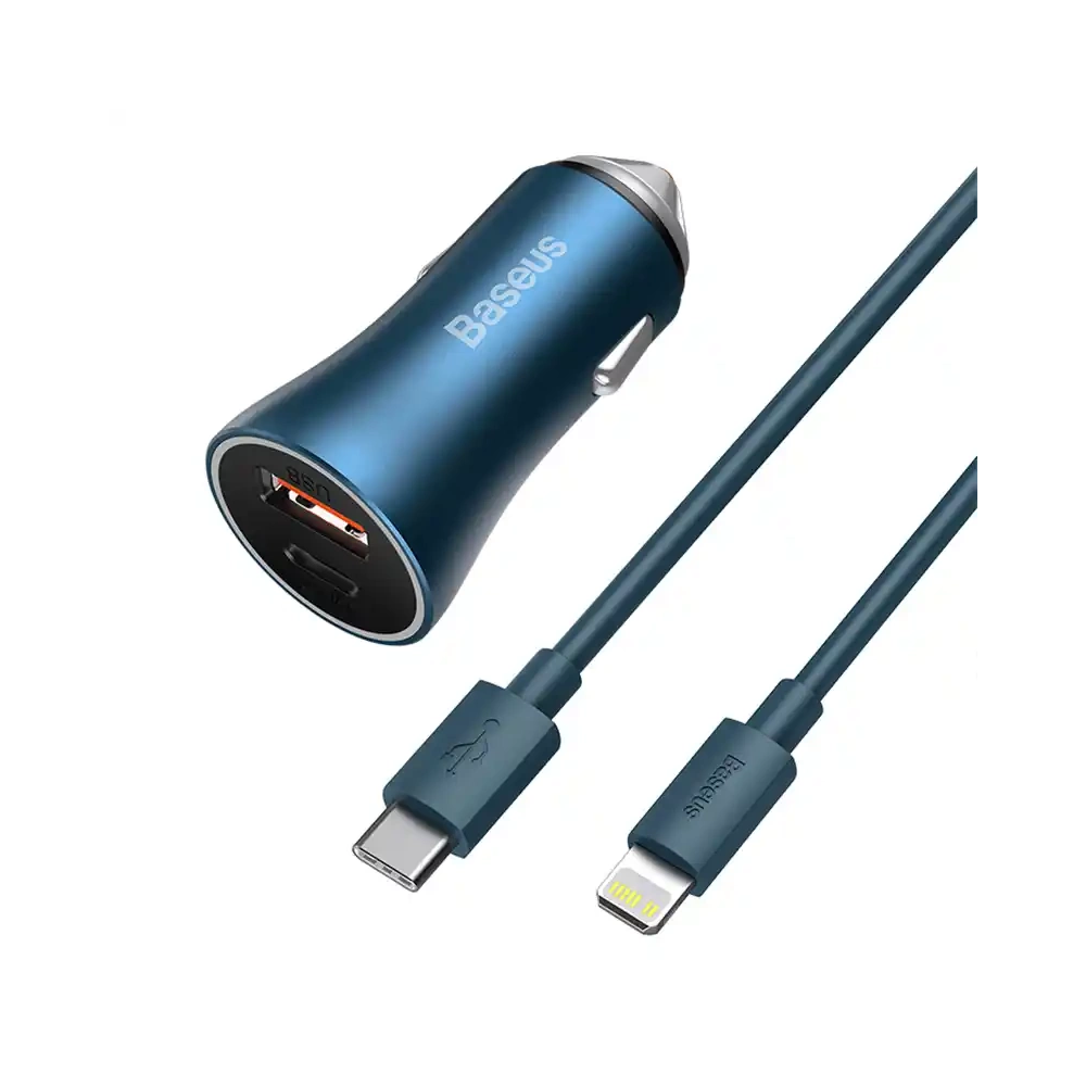 Baseus Golden Contactor Pro autolaadija, USB + USB-C, QC4.0+, PD, SCP, 40W (sinine) + USB-C - valgukaabel 1m (sinine)