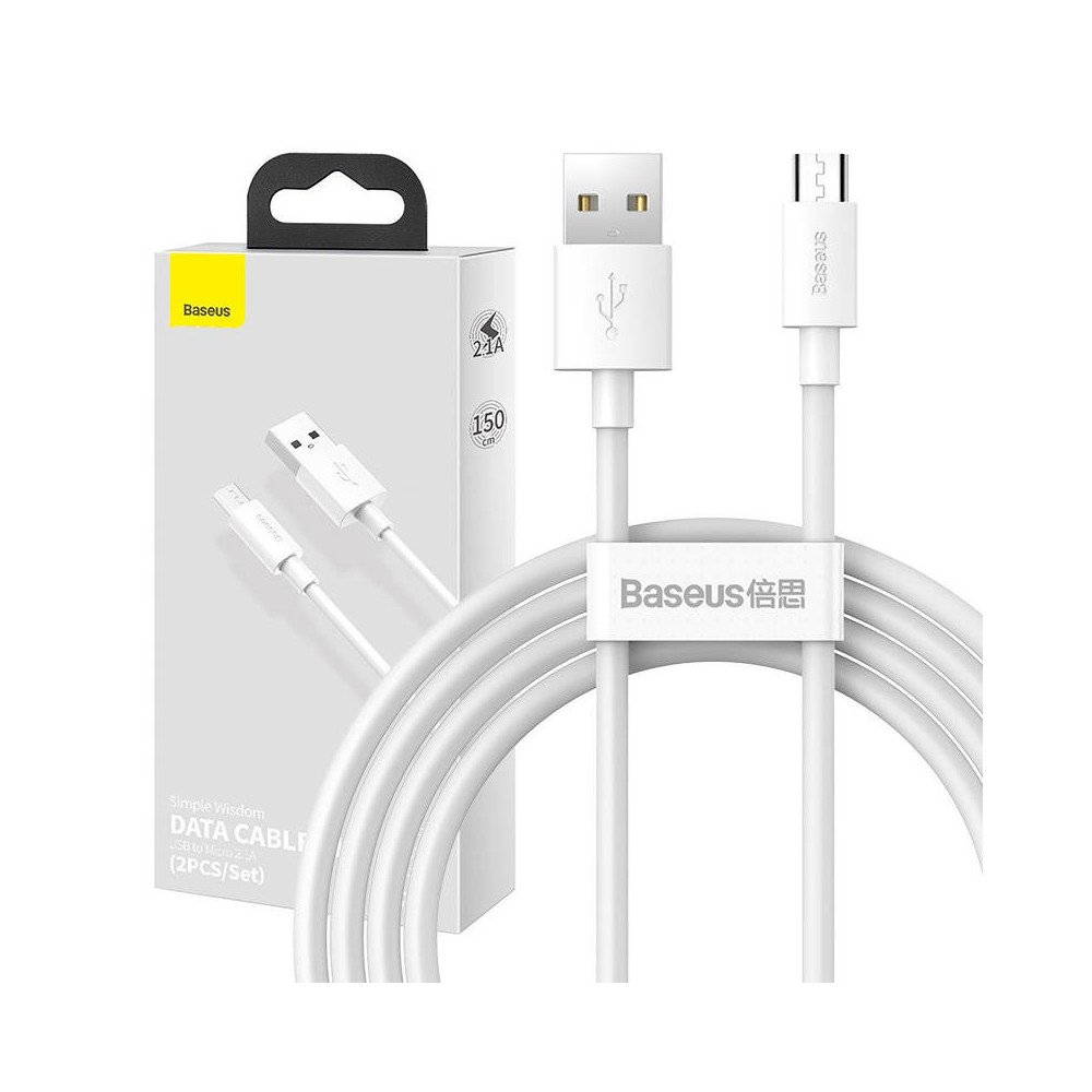 Baseus Simple Wisdom duomenu kabelio rinkinys is USB i Micro 2.1A (2 vnt / rinkinys) 1,5 m baltas