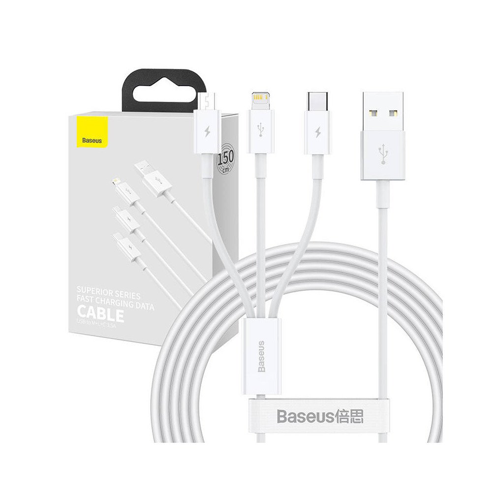 USB cable 3in1 Baseus Superior Series, USB to micro USB / USB-C / Lightning, 3.5A, 1.5m (white)