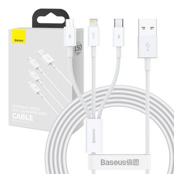 USB-kaapeli 3in1 Baseus Superior -sarja, USB-mikro-USB / USB-C / Lightning, 3,5 A, 1,5 m (valkoinen)