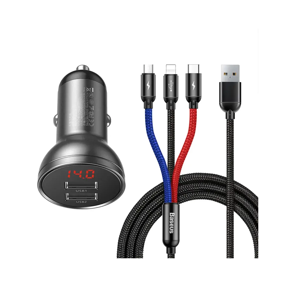 Baseus automobilinis ikroviklis su ekranu 24W + USB laidas 3in1 Baseus trys pagrindines spalvos 1,2m