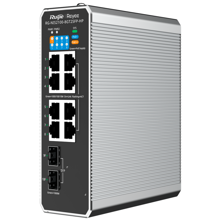 REYEE RG-NIS2100-8GT2SFP-HP Pārvaldāms Gigabitu PoE slēdzis – 8 PoE+ porti, 2 SFP augšupsaites, 240W budžets