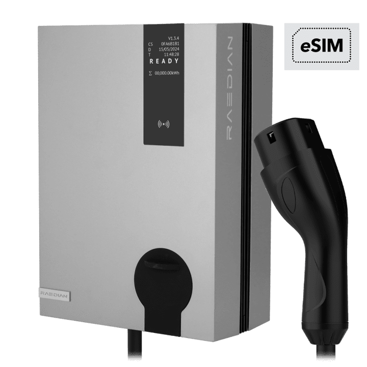 RAEDIAN RD-NEO-7-C5-ESIM-SILVER 7kW EV įkroviklis su Wi-Fi, BLE ir RFID – Smart Home Wallbox