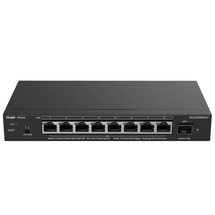 REYEE RG-ES209MG-P valdomas 5 prievadų 10 GbE PoE tinklo jungiklis su 2500 Mbps Wi-Fi pralaidumu