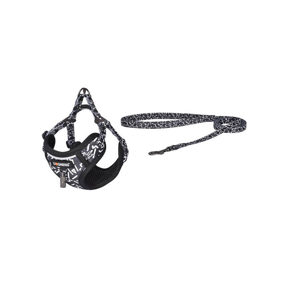 Dogness walking set leash 1,5m+harness for dog (black and white)