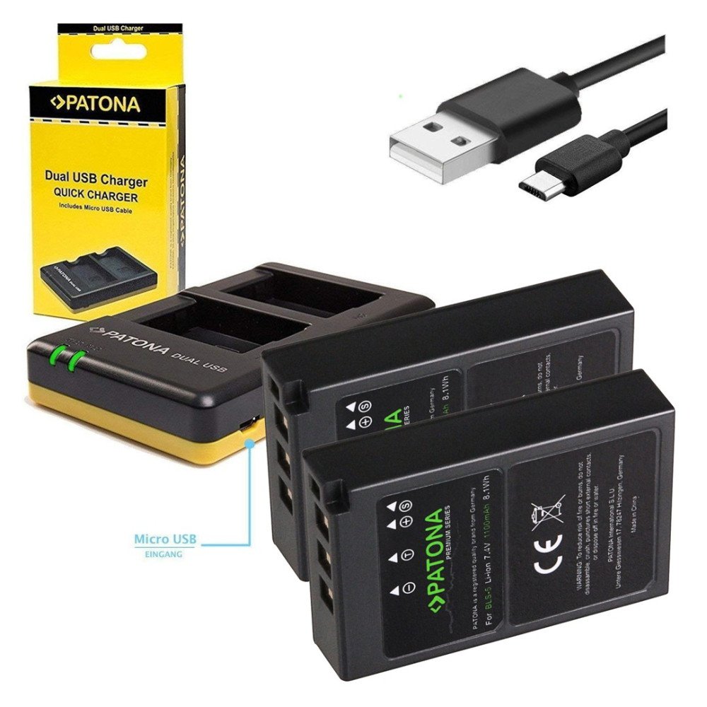 Set Laturi Dual Olympus BLS5+2x Akku 1100 mAh