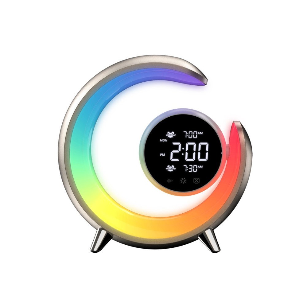 LED naktslampa, modinatajs Immax PEACOCK ar pulksteni, RGB gaismu un USB portu, zelts