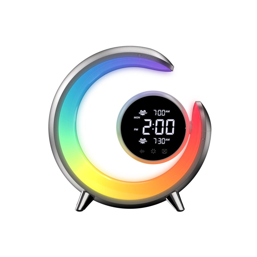 LED naktslampa, modinatajs Immax PEACOCK ar pulksteni, RGB gaismu un USB pieslegvietu, Sudraba