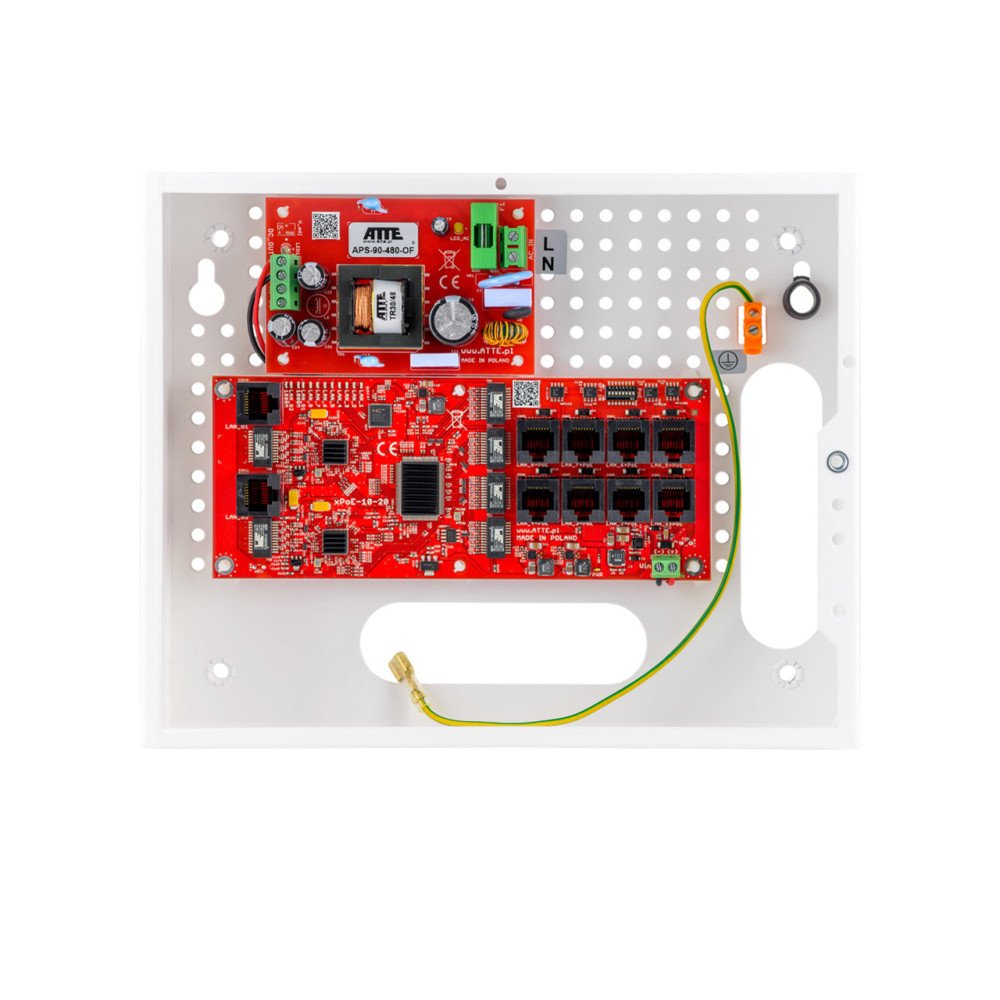 10 portu ATTE PoE sledza komplekts, 96 W barosanas avots, ATTE IP-8-20-E elektroniskie drosinataji