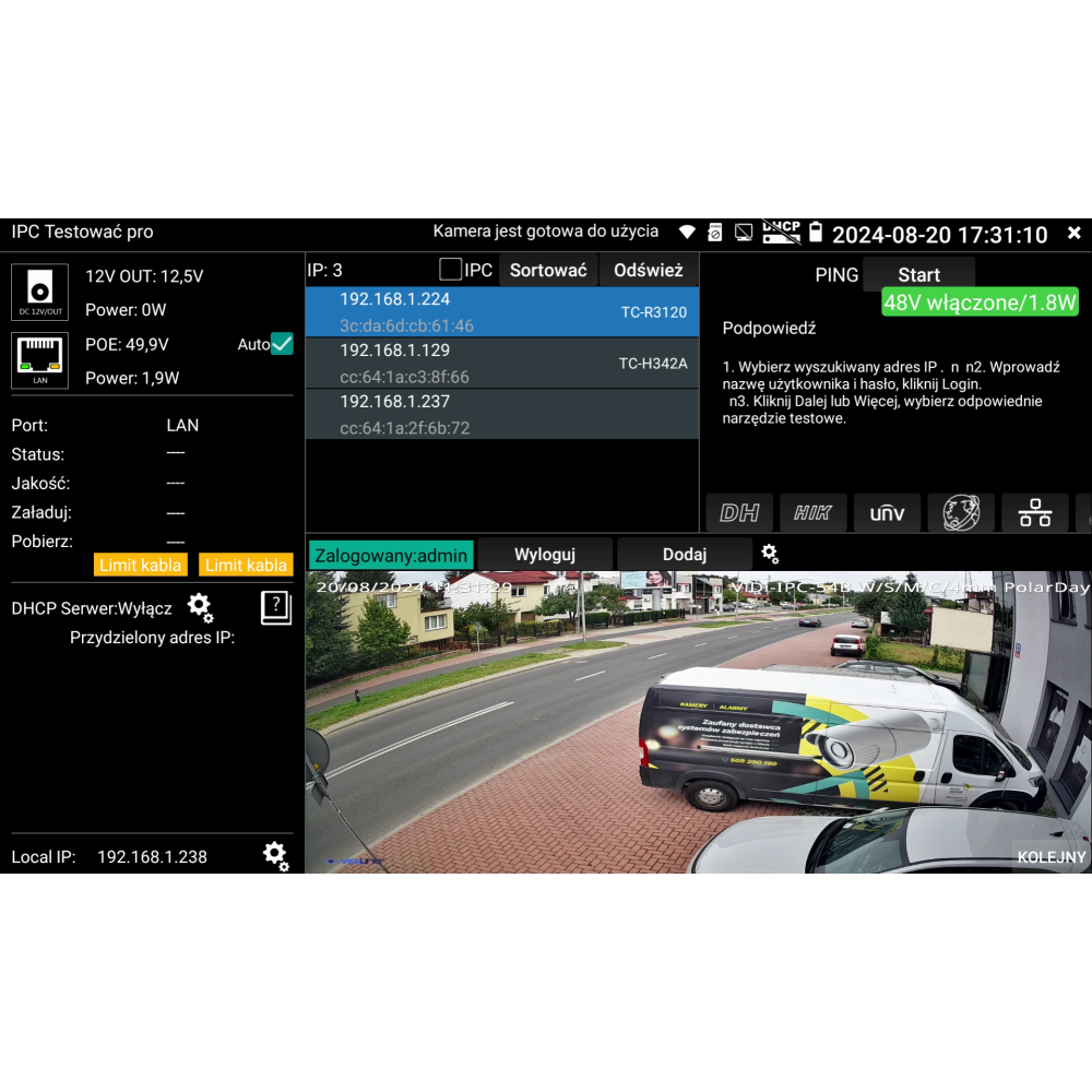 7" 4K 8Mpx VIDI-TES-7-PRO IP AHD CVI TVI HDMI-IN/OUT VGA-IN