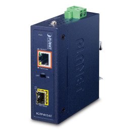 PLANET IGTP-815AT Industrial Media Converter, 100/1000BASE-X SFP to 10/100/1000BASE-T PoE+, IP30, DIN Rail, -40°C to 75°C