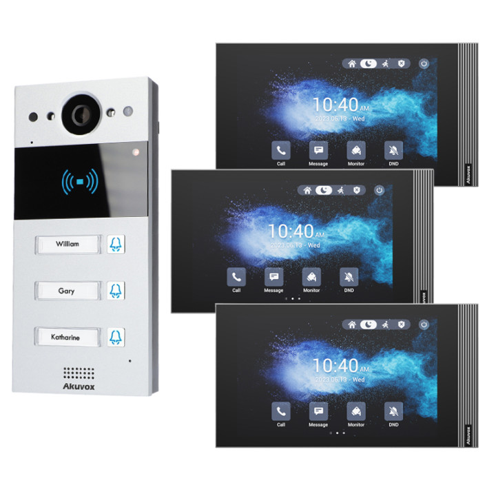 Комплект IP-видеодомофонии Akuvox R20BX3 с тремя мониторами S563W 8"