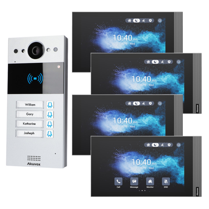 Комплект IP-видеодомофонии Akuvox R20BX4 с четырьмя мониторами S563W 8"