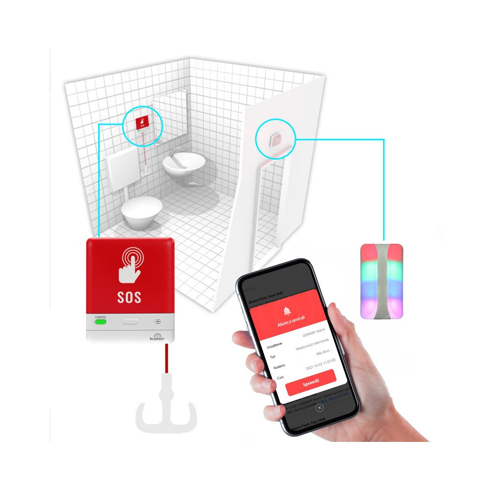 Skambinimo sistema KALER - tualeto komplektas neigaliesiems + SIGNALAS ismaniesiems telefonams