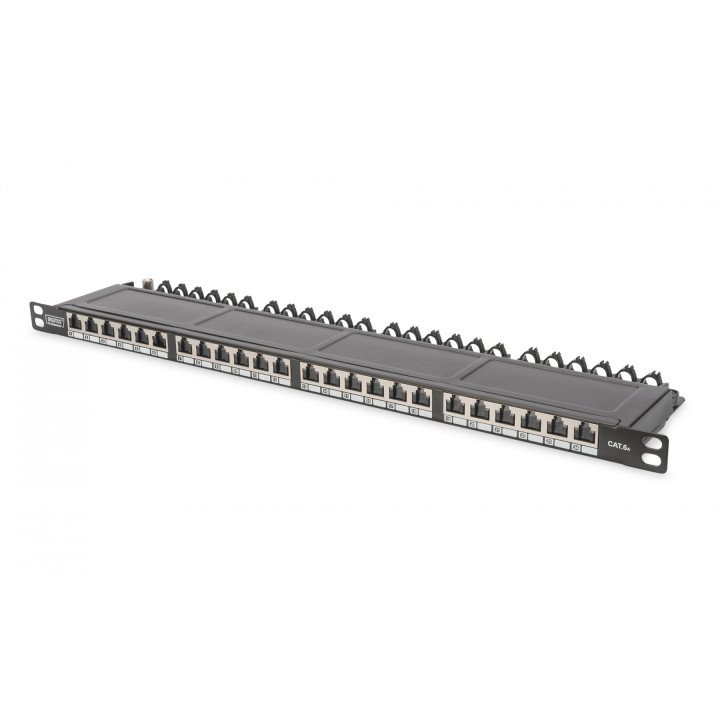 DIGITUS CAT 6A Class EA Shielded Patch Panel, 0.5U 24-Port RJ45, Black