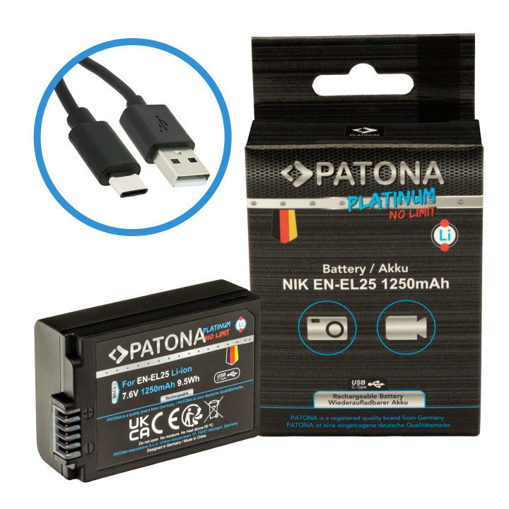 Aku Nikon EN-EL25 1250 mAh ličio jonų platininis USB-C įkrovimas