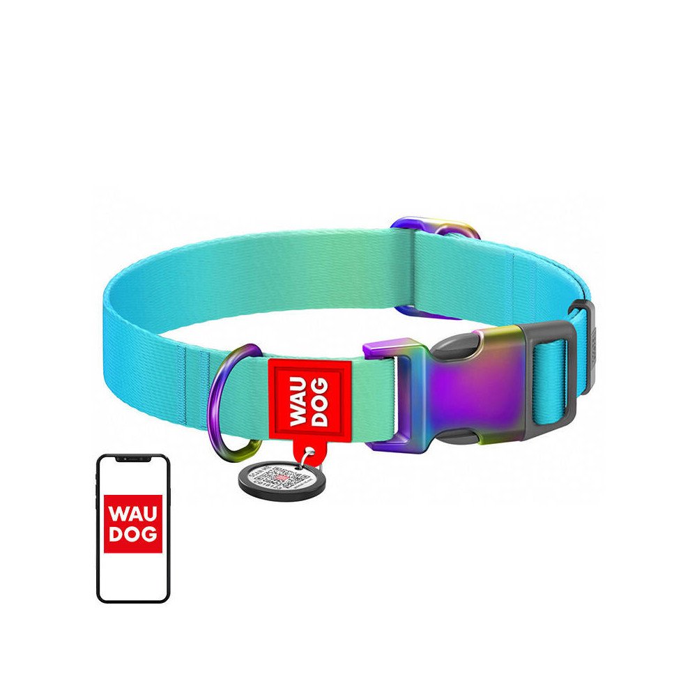 Nailono antkaklis su QR kodu Waudog gradiento suniui, melynas, XL dydis