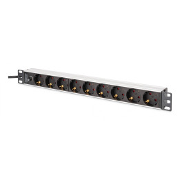 Listwa zasilająca PDU rack 19" z bezpiecznikiem przeciążeniowym, 9 gniazd Schuko CEE 7/3 (45°), kabe l 2m wtyk IEC C14, 10A, alu