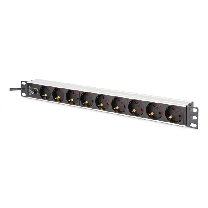 Listwa zasilająca PDU rack 19" z bezpiecznikiem przeciążeniowym, 9 gniazd Schuko CEE 7/3 (45°), kabe l 2m wtyk IEC C14, 10A, alu