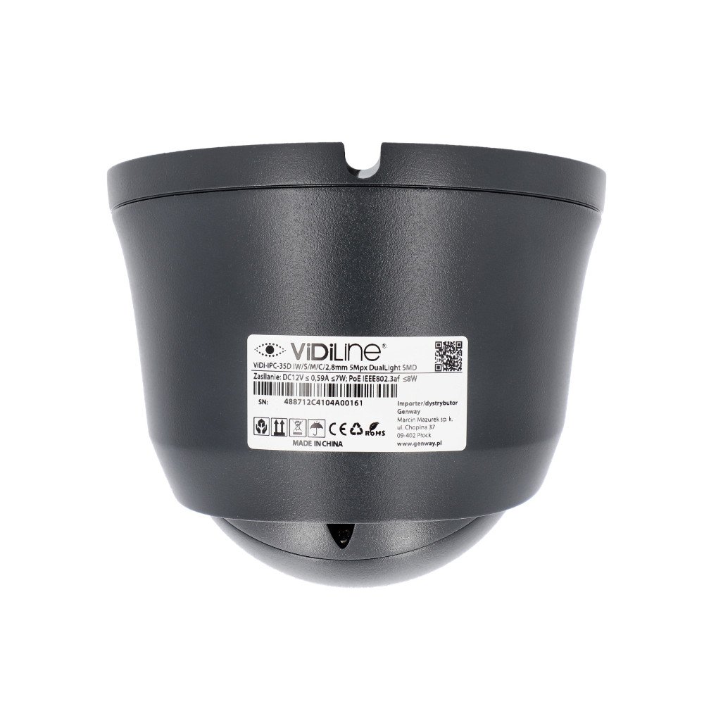 ViDi-IPC-35D Dome IP-kamera I3W/S/M/C/2.8mm 5Mpx Dual Light Classification Metal Antrasiitti RAL7016
