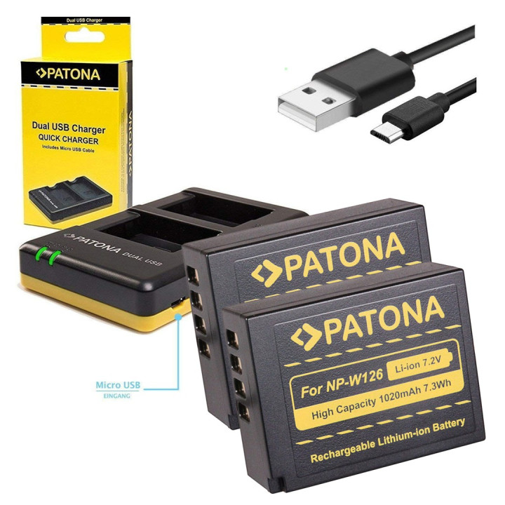 Set Laturi Dual Fuji NP-W126+2x Akku 1020 mAh