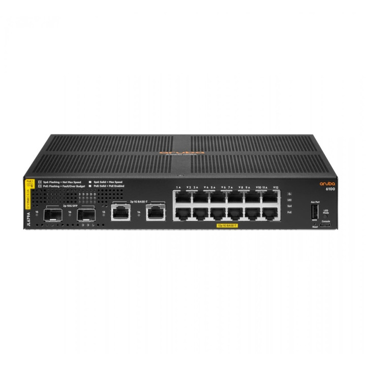 HPE Aruba 6100 12G Class4 PoE 2G/2SFP+ 139W hallatav L3 Gigabit Ethernet PoE lüliti (JL679A)