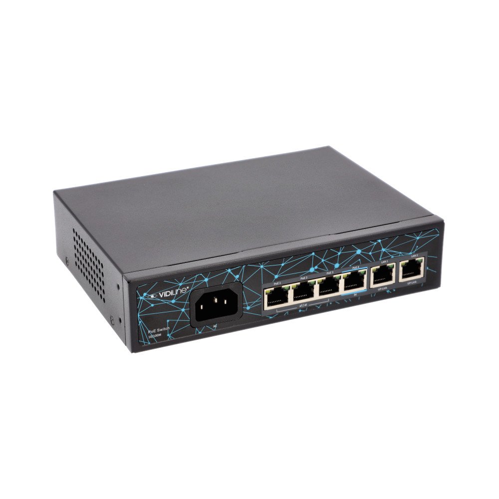 Sledzis Vidiline 4x PoE 100Mb/s 2x RJ45 Uplink 100Mb/s 65W VIDI-F0420FBL_V2