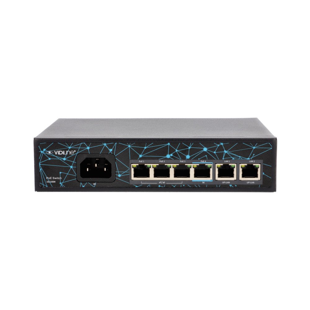 Sledzis Vidiline 4x PoE 100Mb/s 2x RJ45 Uplink 100Mb/s 65W VIDI-F0420FBL_V2
