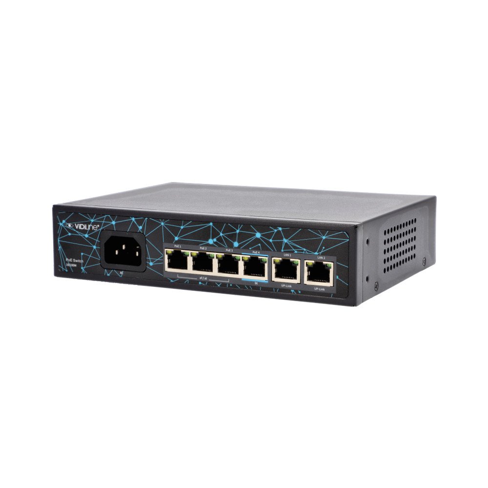 Sledzis Vidiline 4x PoE 100Mb/s 2x RJ45 Uplink 100Mb/s 65W VIDI-F0420FBL_V2