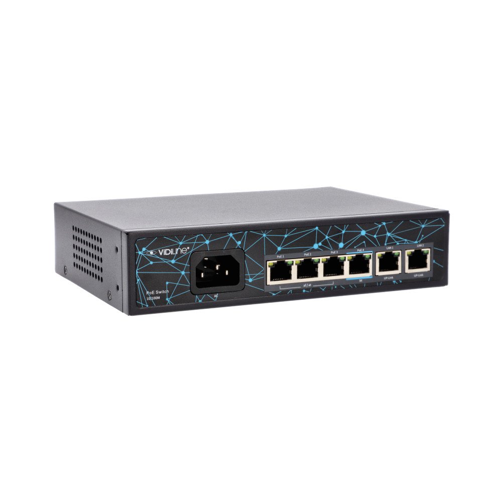 Sledzis Vidiline 4x PoE 100Mb/s 2x RJ45 Uplink 100Mb/s 65W VIDI-F0420FBL_V2